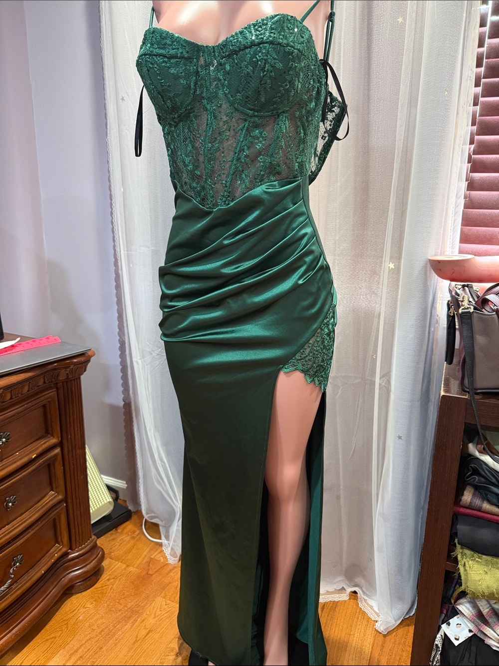 Green Lace Bodice Satin Prom Gown